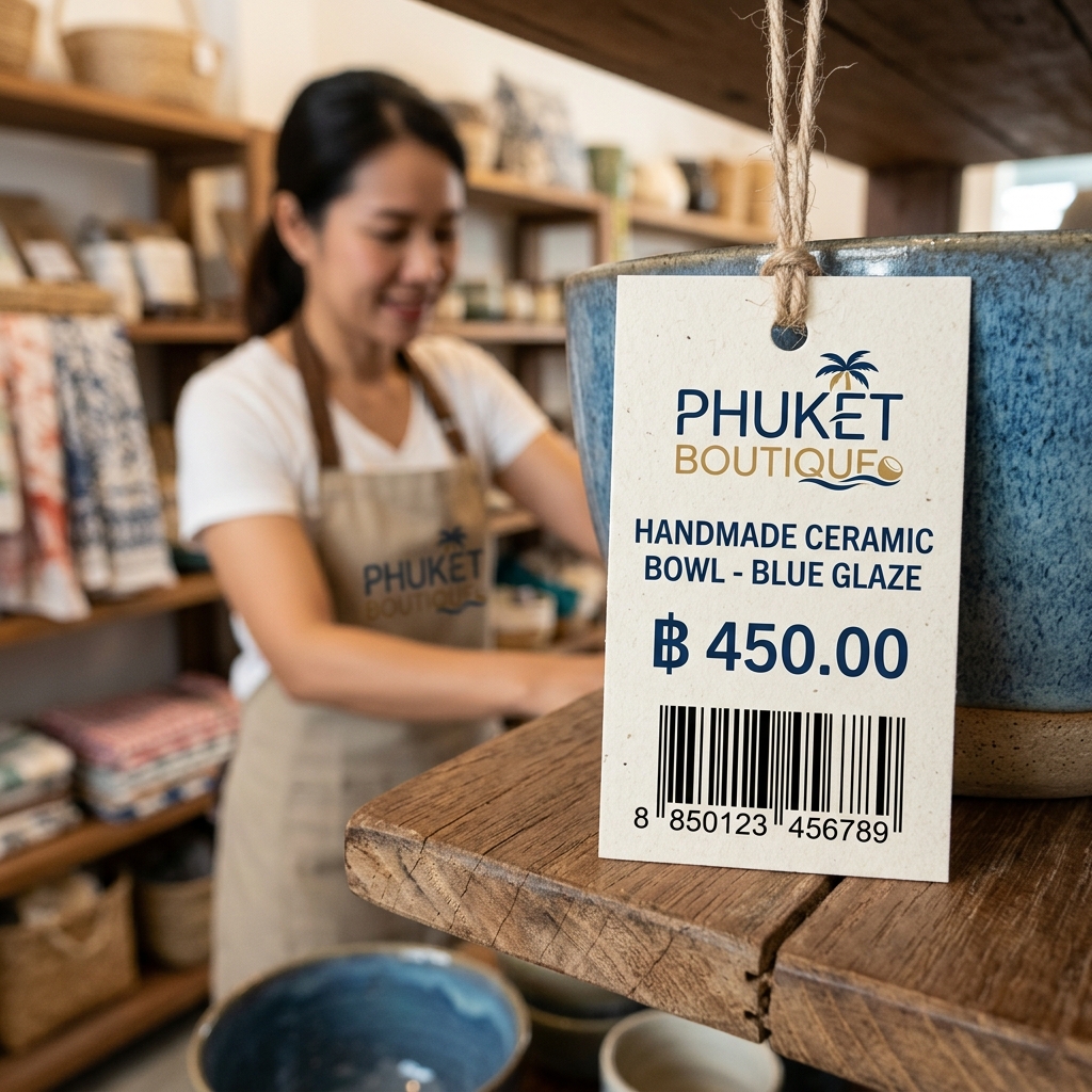 องค์ประกอบของป้ายราคาสินค้าที่ดี ประกอบด้วยชื่อสินค้า ราคา บาร์โค้ด และโลโก้ร้าน
