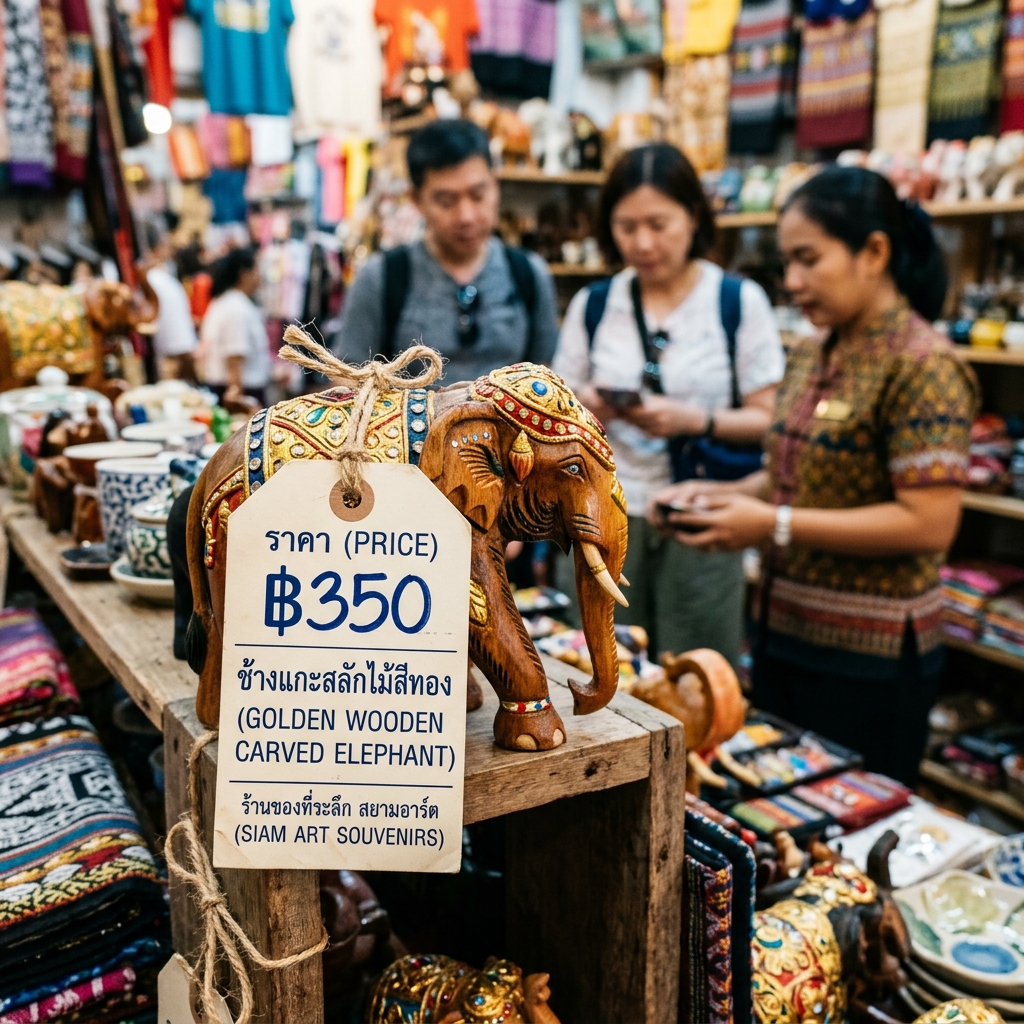 ป้ายราคาสินค้าสองภาษาไทย-อังกฤษ ในร้านของฝากย่านท่องเที่ยว