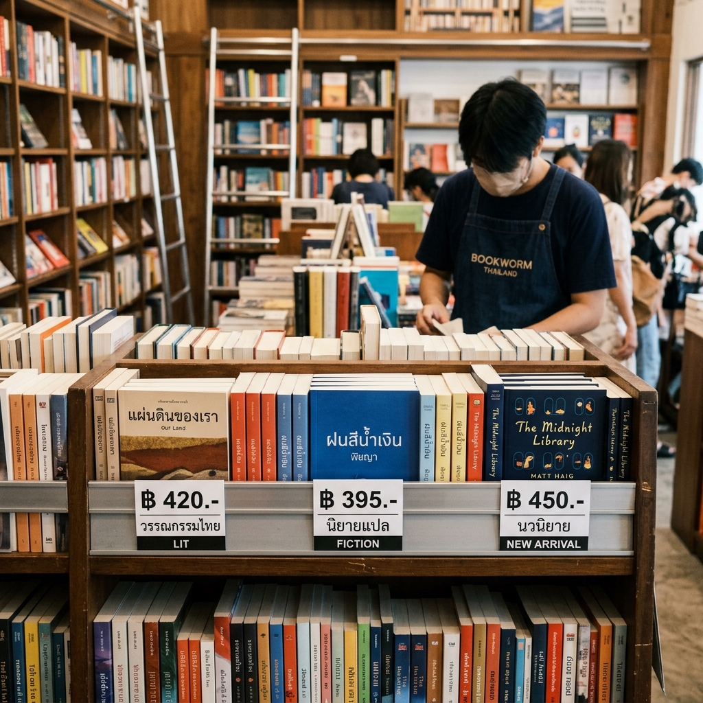 ป้ายราคาหนังสือเสียบที่ชั้นวางในร้านหนังสือ แสดงราคาและหมวดหมู่ชัดเจน