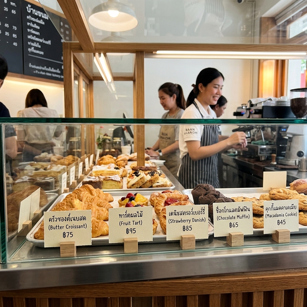 ป้ายราคาขนมและเบเกอรี่ขนาดเล็กเสียบในตู้กระจกของร้านกาแฟ