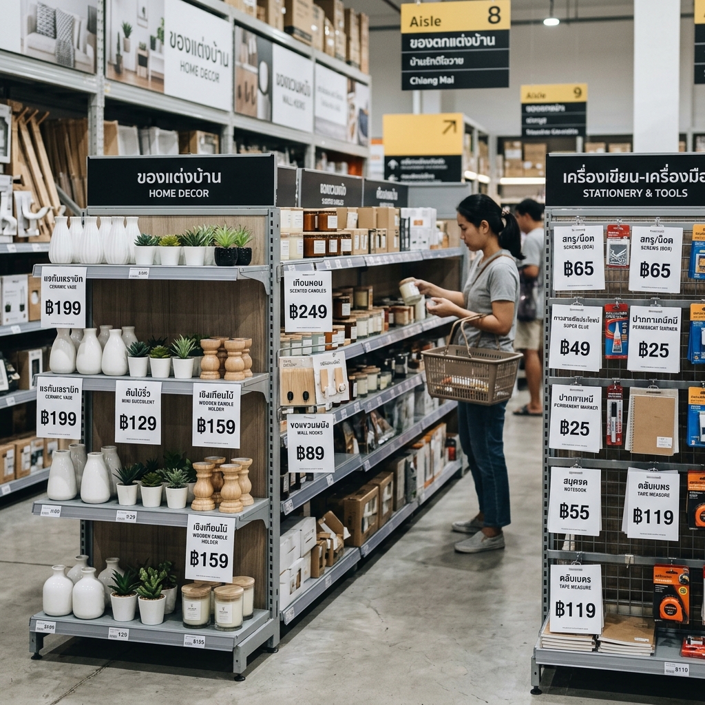 ป้ายราคาสินค้าในร้าน DIY ทั้งของชิ้นเล็กและของแต่งบ้าน จัดหมวดและแสดงราคาชัดเจน