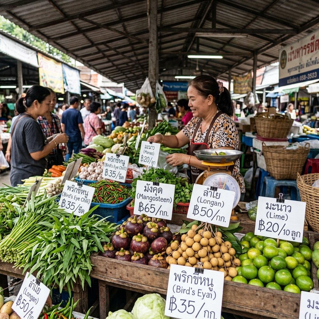 ป้ายราคาผักและผลไม้เสียบบนแผงตลาดสด แสดงราคาและหน่วยชัดเจน