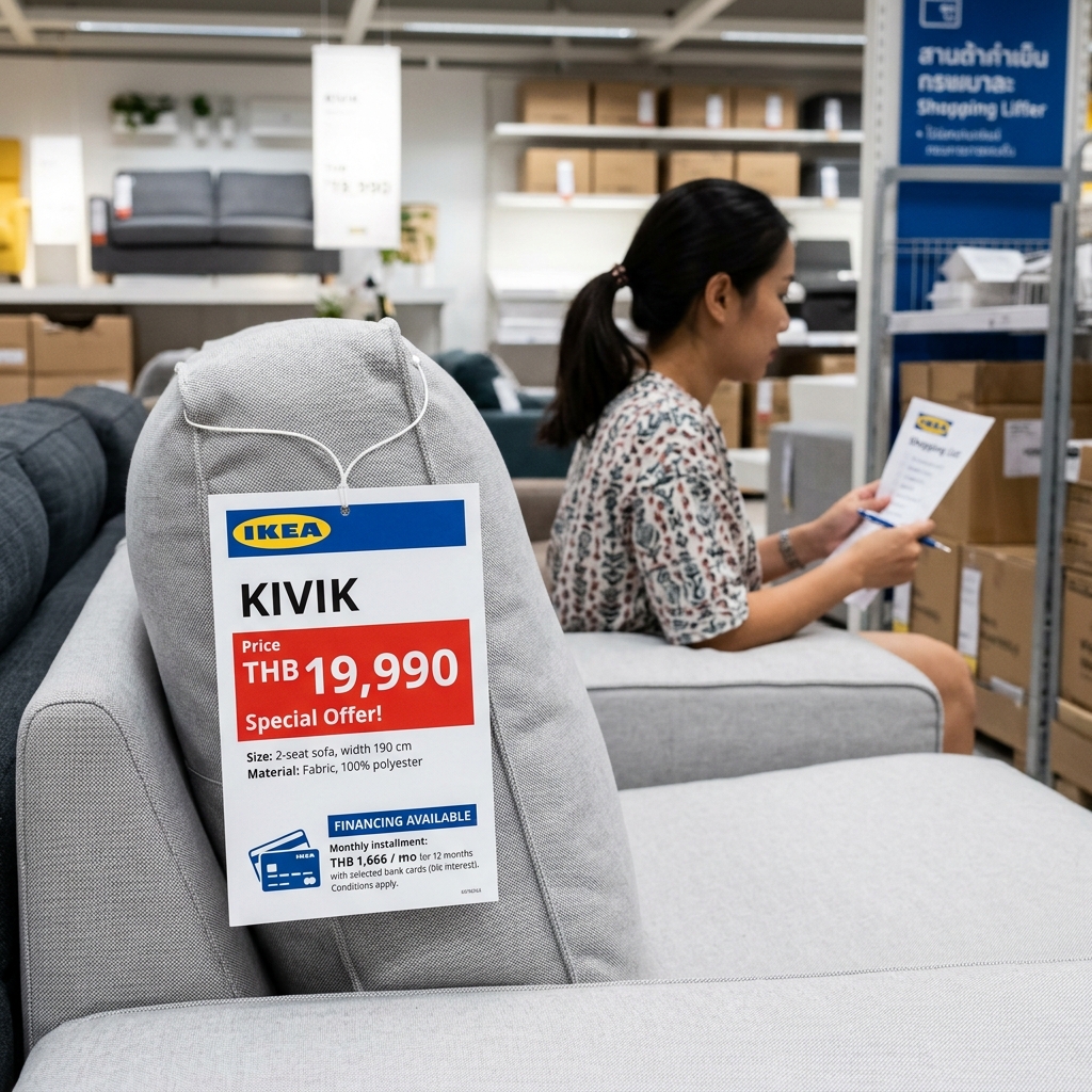 ป้ายราคาเฟอร์นิเจอร์สไตล์ IKEA แสดงชื่อรุ่น ขนาด วัสดุ และราคาผ่อนต่อเดือน