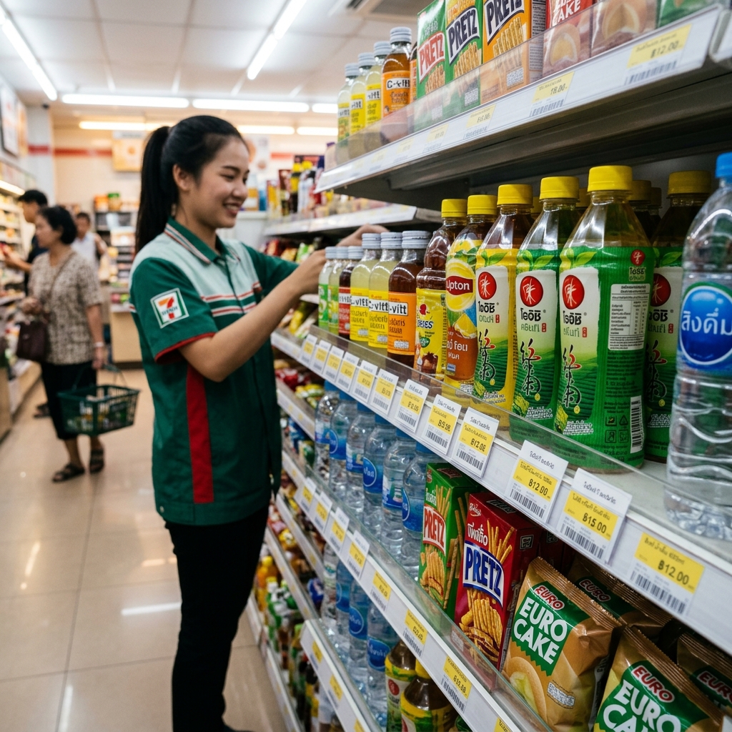 ตัวอย่างป้ายราคาสินค้าสวย ๆ สไตล์ร้านสะดวกซื้อ 7-11 ที่จัดวางเป็นระเบียบบนชั้นวาง