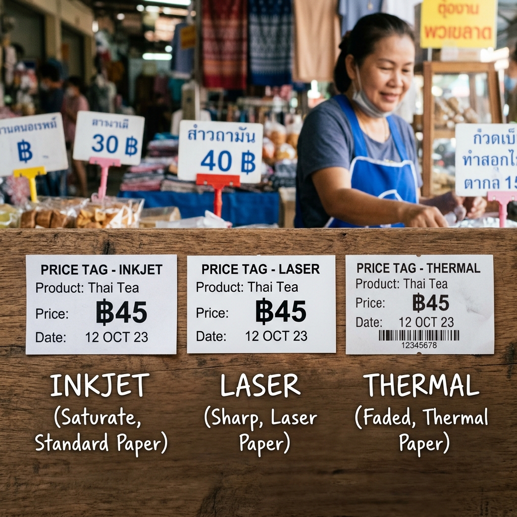 เปรียบเทียบป้ายราคาที่พิมพ์จากเครื่องพิมพ์อิงค์เจ็ท เลเซอร์ และความร้อน