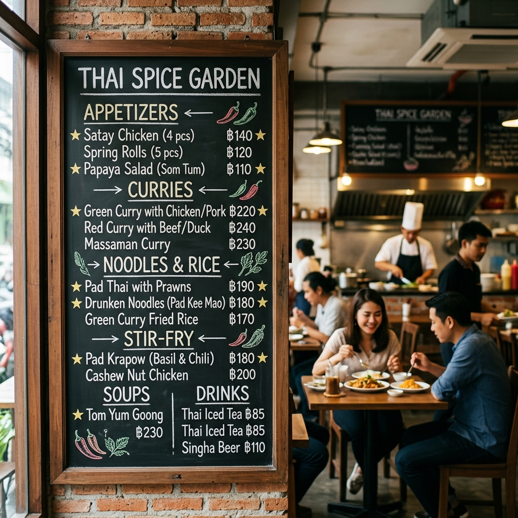เมนูบอร์ดร้านอาหารจัดหมวดชัดเจน พร้อมราคากำกับและเมนูแนะนำ