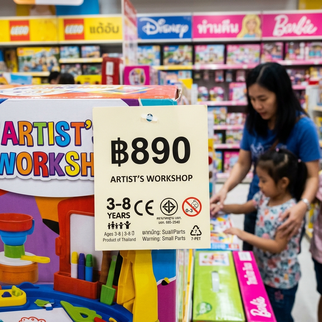 ป้ายราคาของเล่นที่บอกราคา ช่วงอายุที่เหมาะสม และสัญลักษณ์มาตรฐานความปลอดภัย